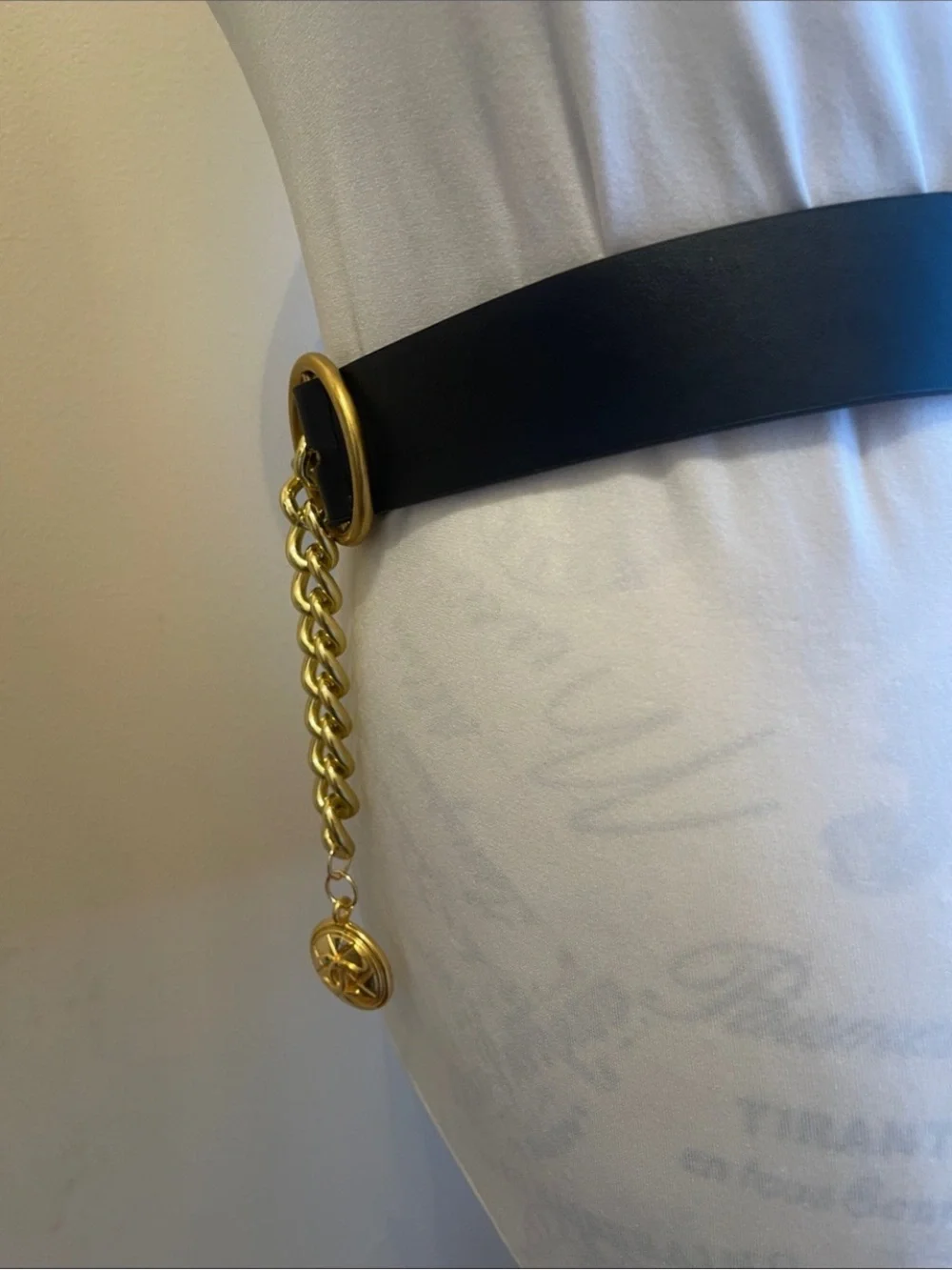 Gold Chain Black Faux Leather Waist Belt With Chanel Medallion